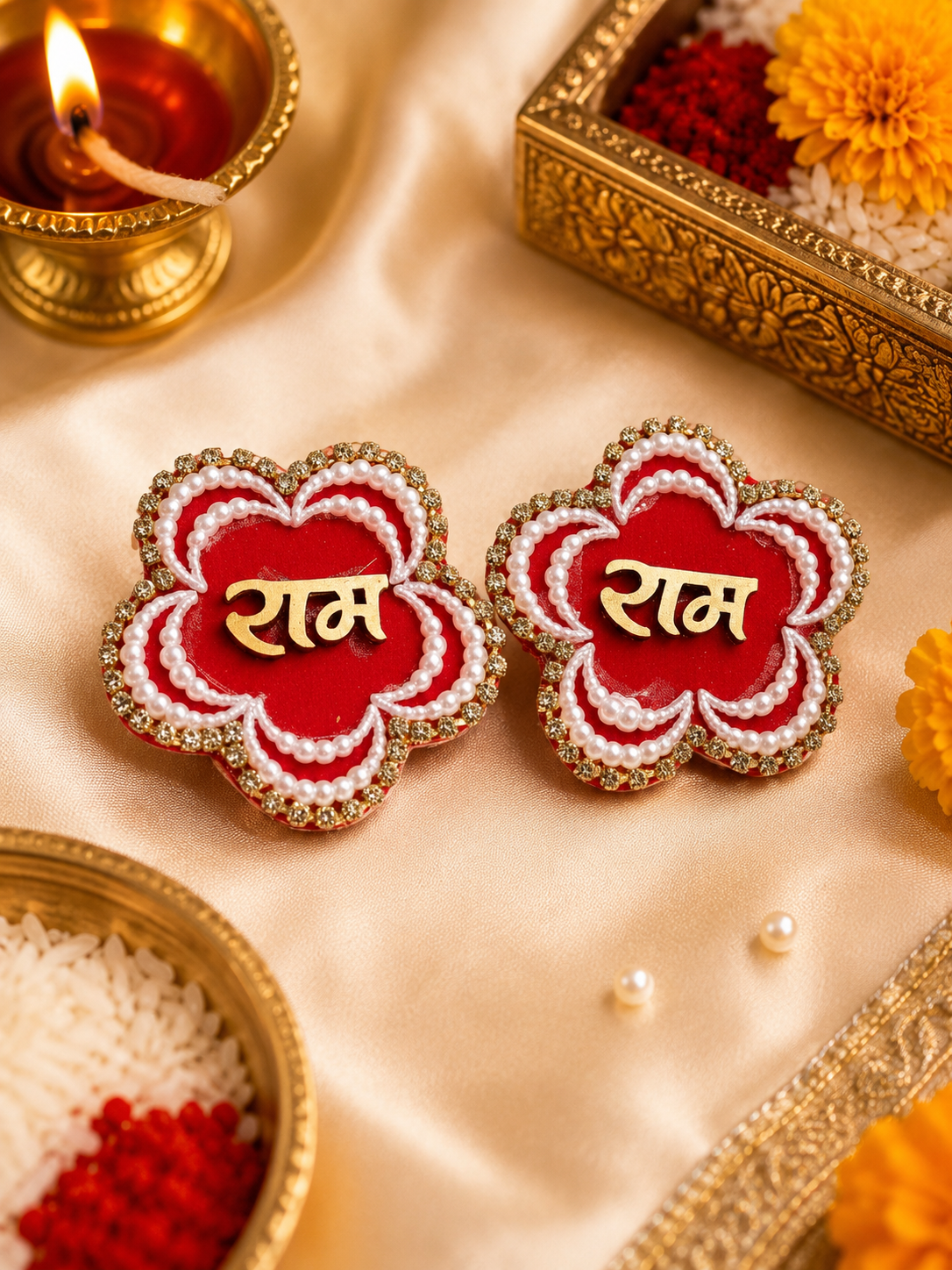 Diamond Stone and Pearl Work Ram Ram Puja Door Tag Pair for Home and Mandir Decor