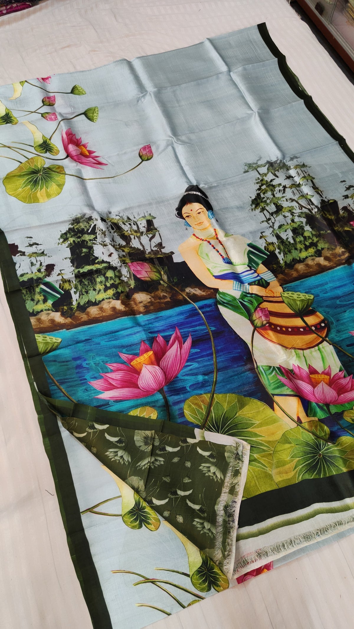 Digital print design detail on pure Katan silk saree