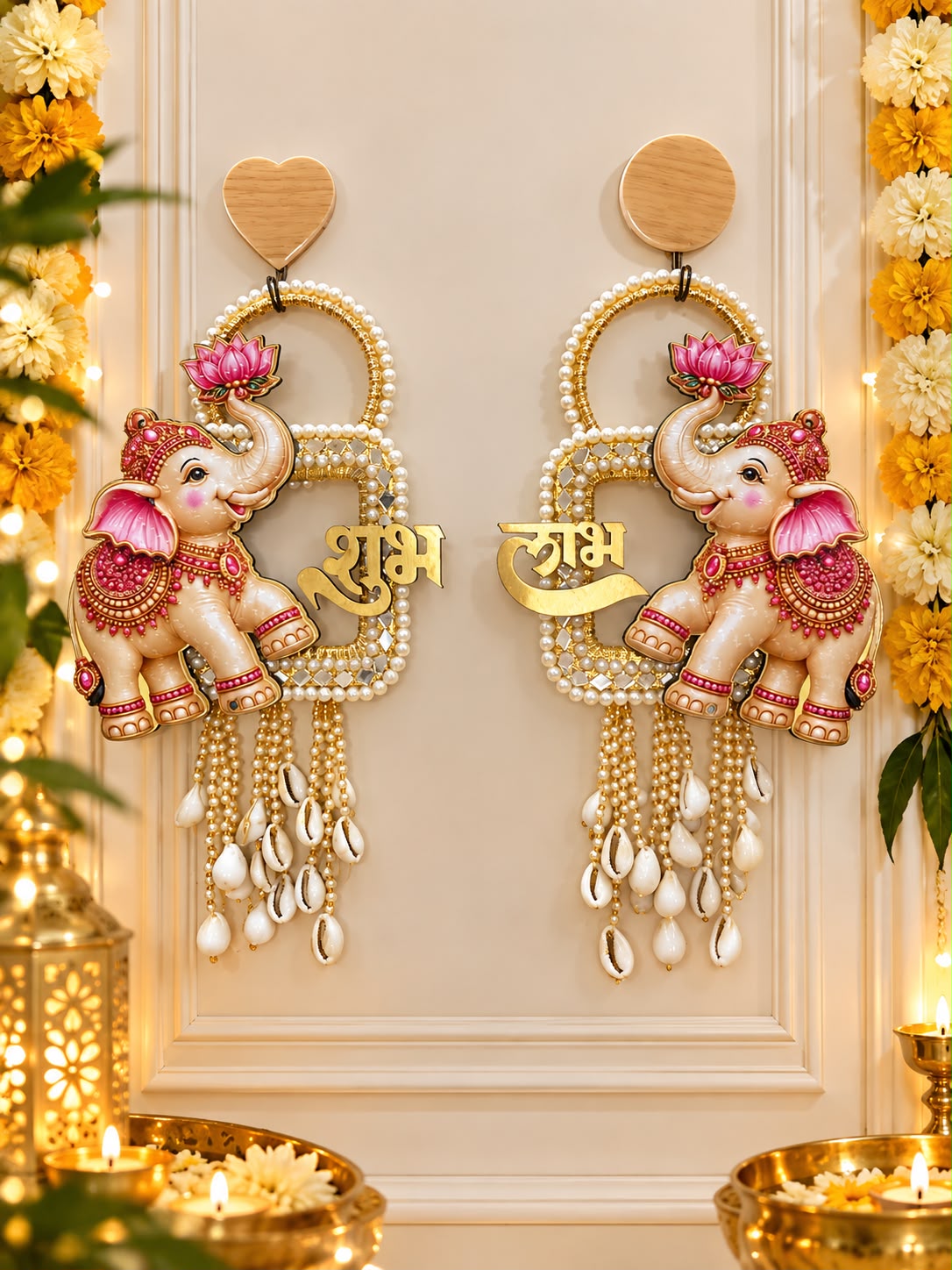 Diwali Shubh Labh elephant hanging pair with traditional Kodi work and pearl detailing