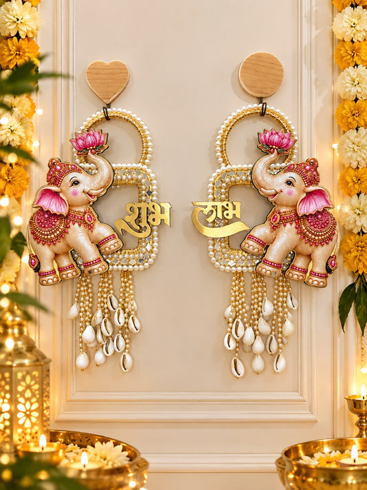 Diwali Shubh Labh elephant hanging pair with traditional Kodi work and pearl detailing