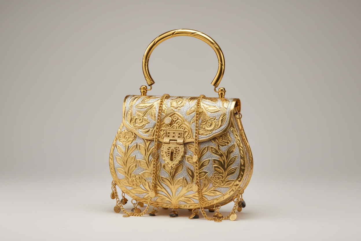 Dual-tone brass clutch styled as an ethnic wedding accessory