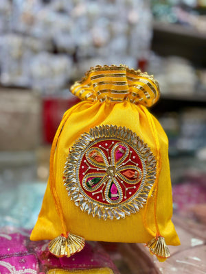 Handcrafted Dupion Silk Sagun Potli Bags – Wedding Gift Pouches (Pack of 6, 7 × 9 Inch)