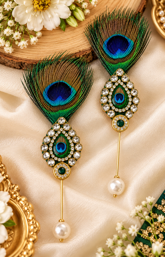 Elegant Mor Pankh peacock feather brooch with decorative stone detailing, pack of 25