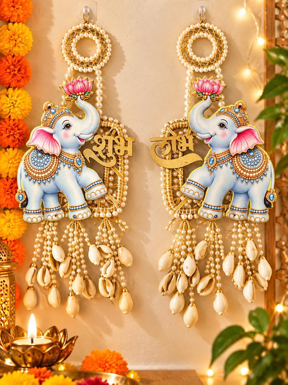 Elephant designer Kodi work Shubh Labh handcrafted hanging pair 14 inch for Diwali decoration
