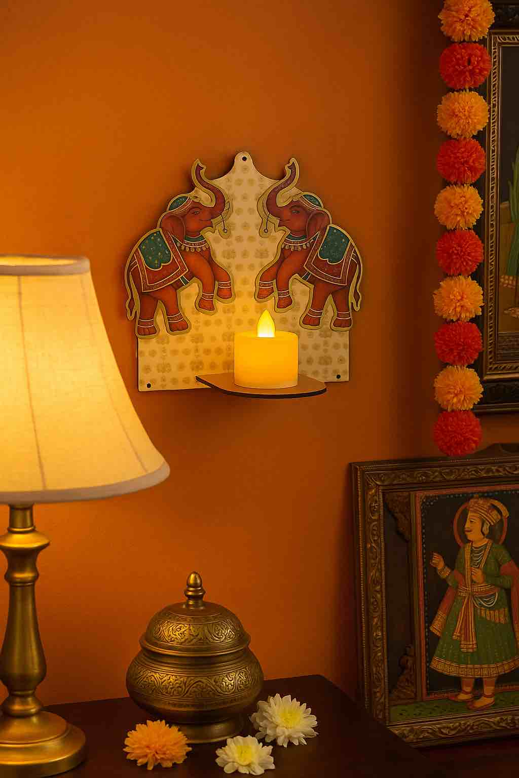 Elephant Pichwai tealight holder with Shubh Labh design
