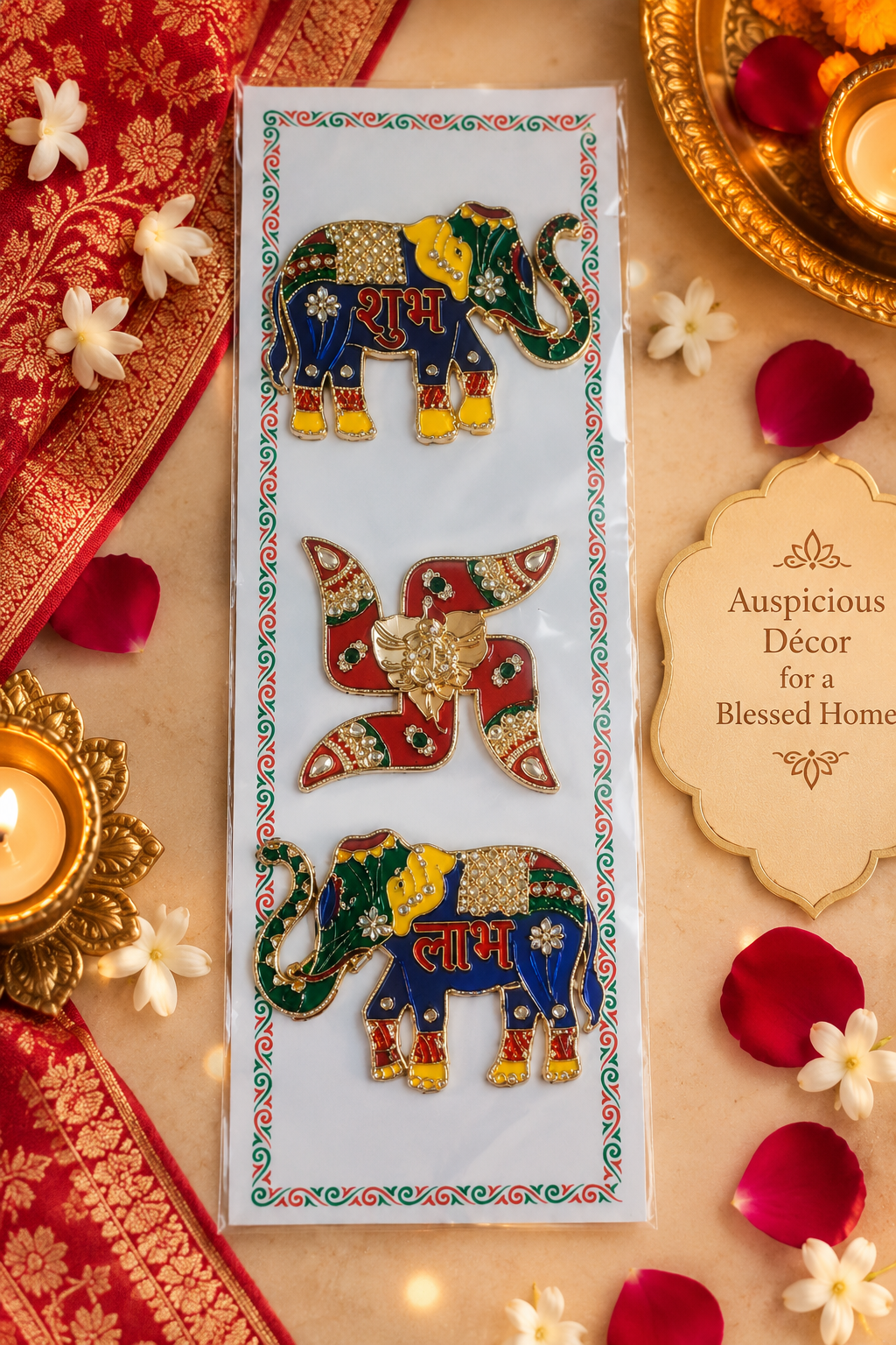 Elephant Swastik Shubh Labh acrylic sticker for Diwali decoration