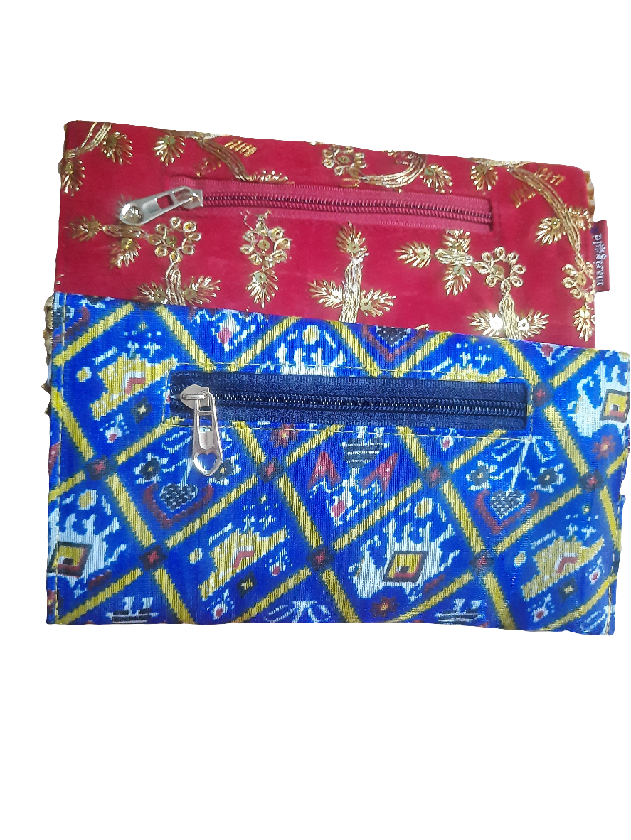 Embroidered fabric money envelope that doubles as a clutch with magnetic closure