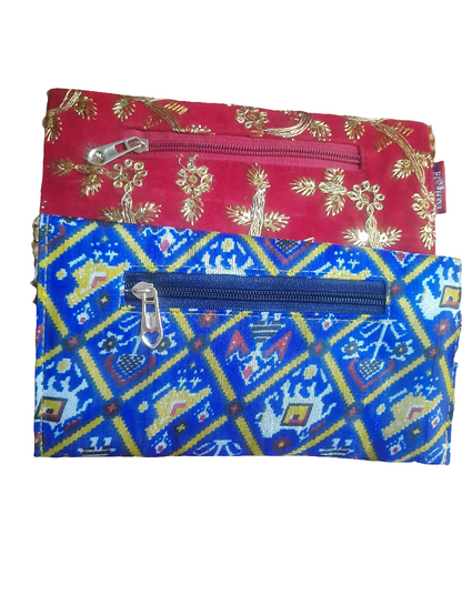 Embroidered fabric money envelope that doubles as a clutch with magnetic closure