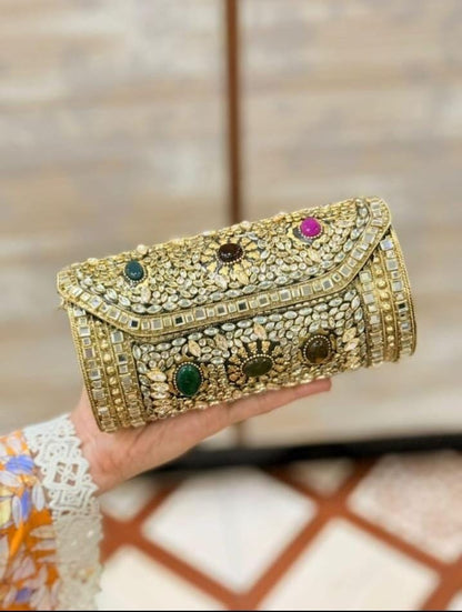 Emerald brass designer clutch bag with elegant royal styling