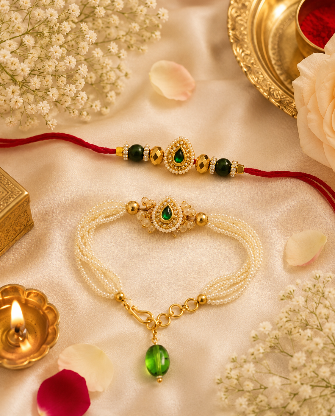 Premium Emerald Mint Green Pearl Kundan Bhaiya Bhabhi Rakhi Set with Roli Chawal
