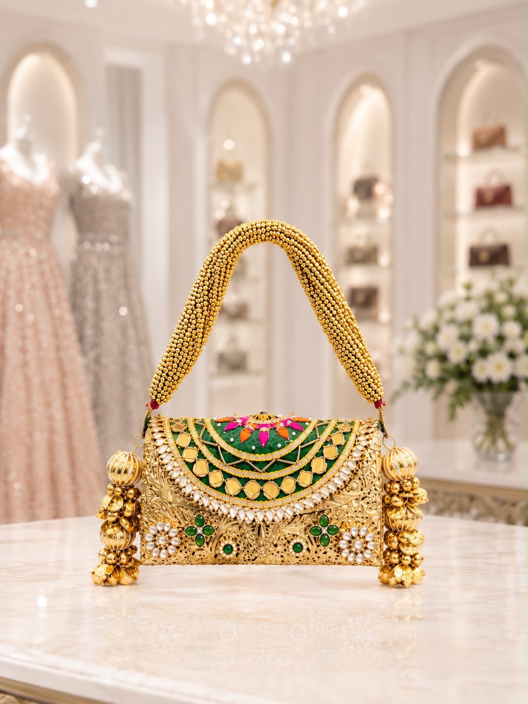 Emerald Royal handcrafted clutch with green and gold detailing