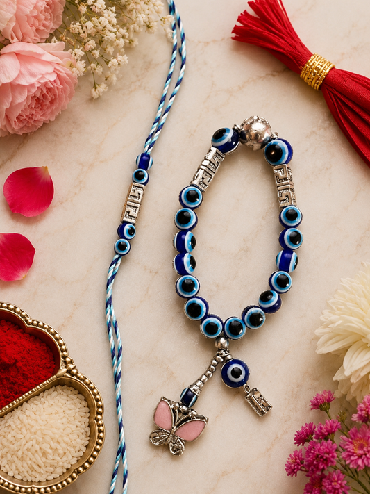 Evil Eye Bhaiya Bhabhi Rakhi Set with designer Lumba Rakhi