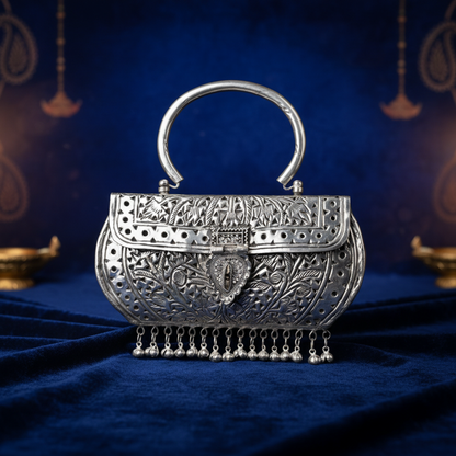 Fancy Ghungroo pattern silver brass clutch with traditional ethnic design