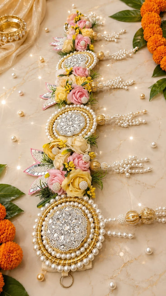 Handcrafted floral Bandhanwar Bandarwal Toran with pearl and mirror work