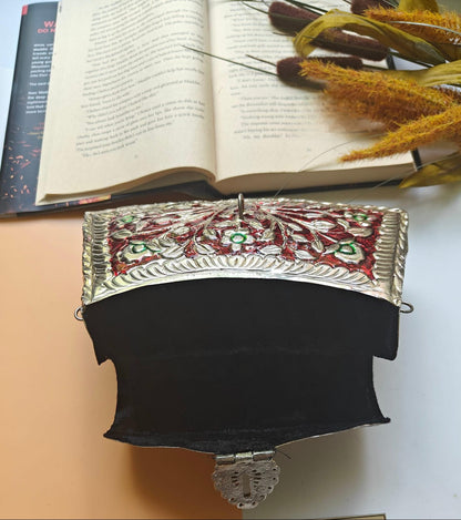 Floral brass ethnic bridal purse with traditional Meena detailing
