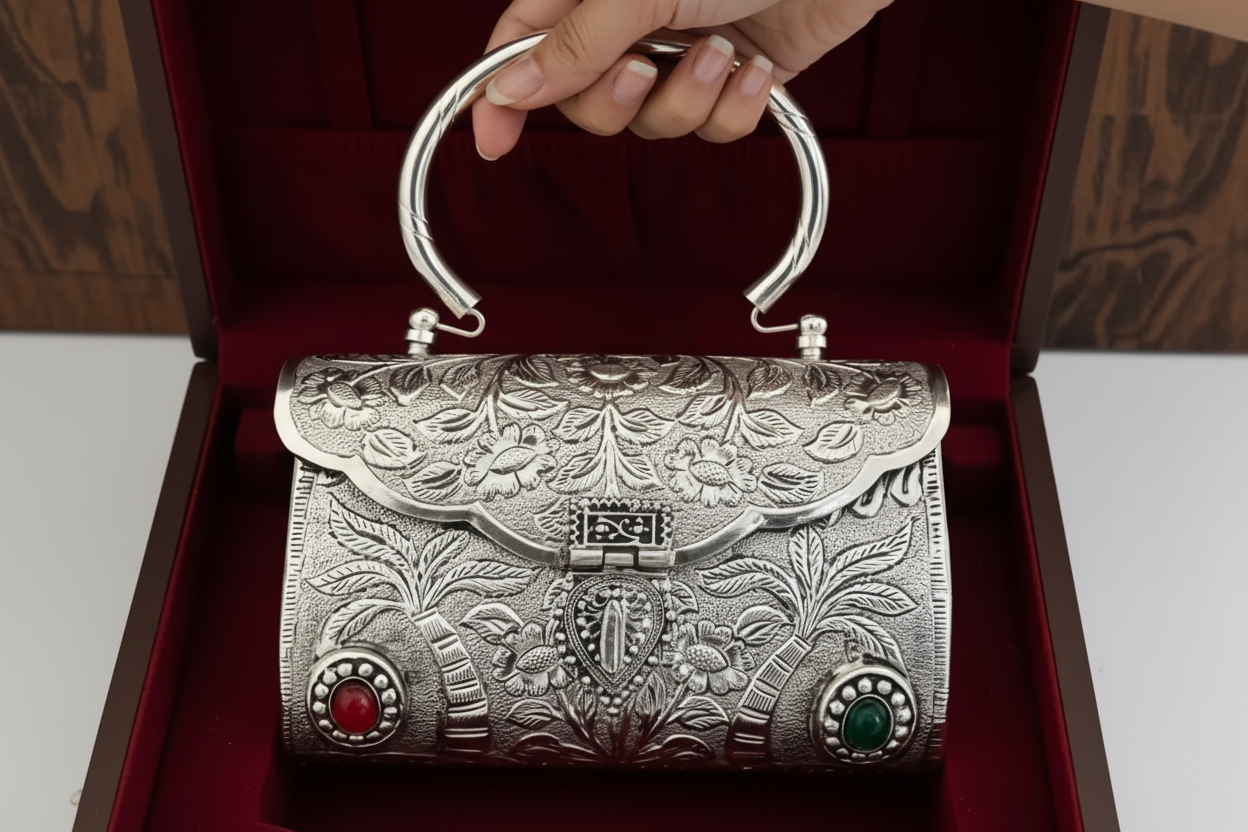 Floral carved heritage brass clutch with elegant gem accents