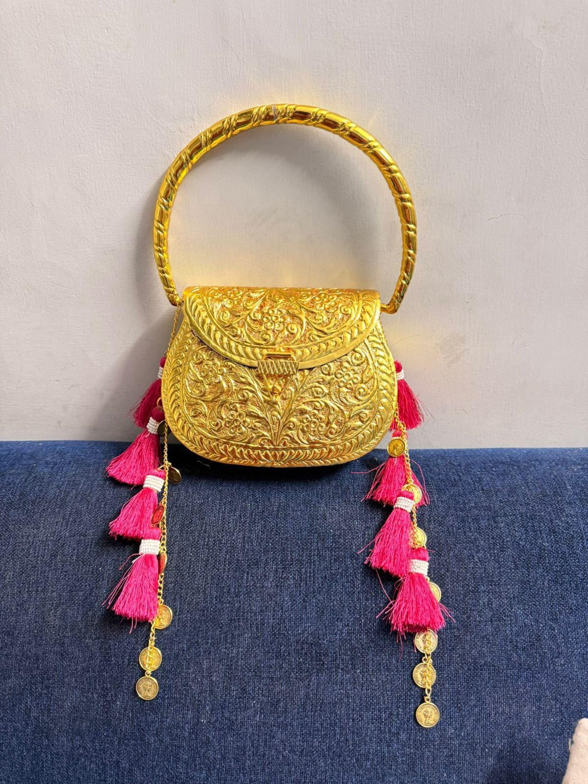 Floral engraved brass sling purse for women with antique gold finish