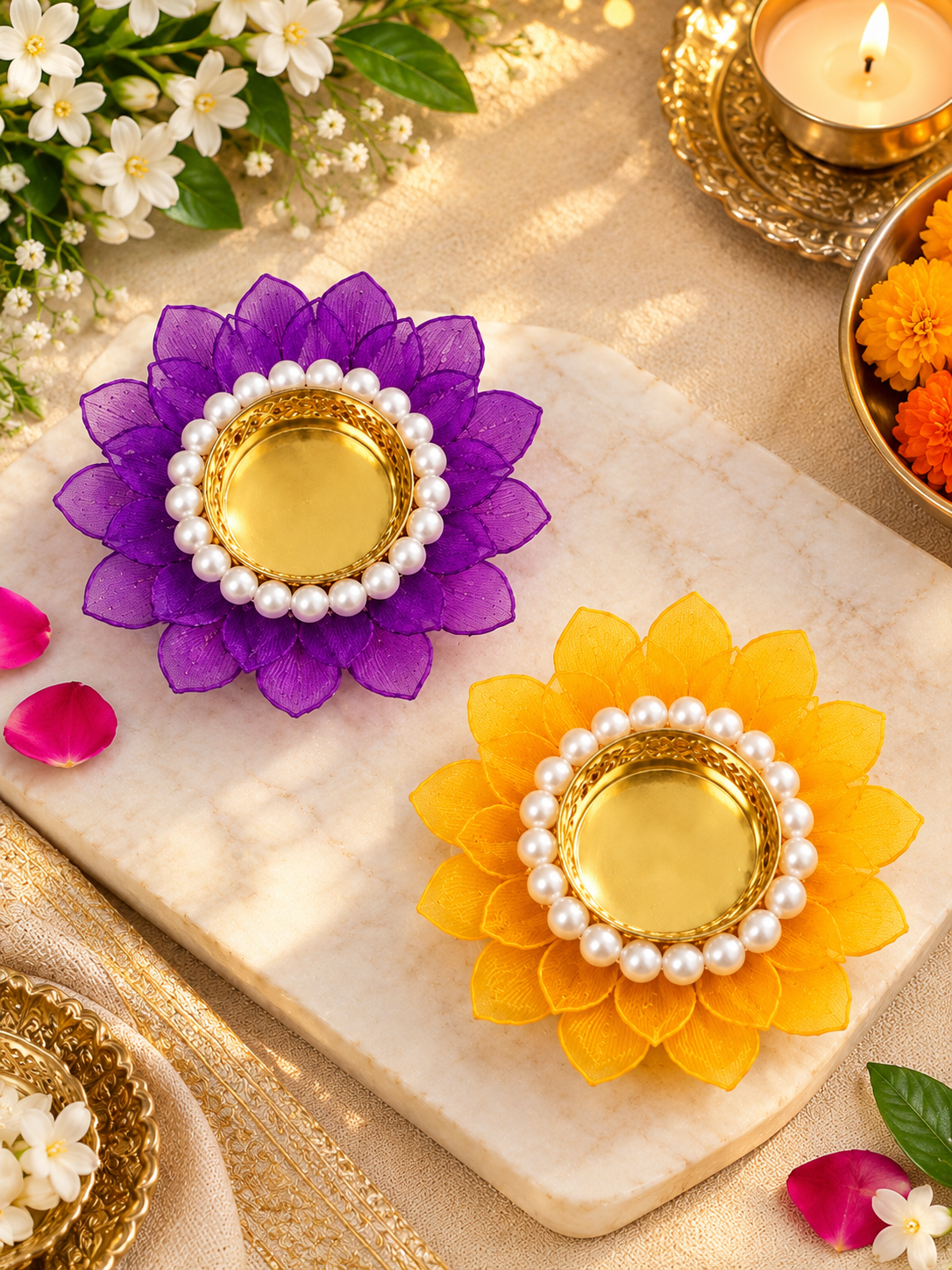Floral leaf design handcrafted tealight diya for home decor