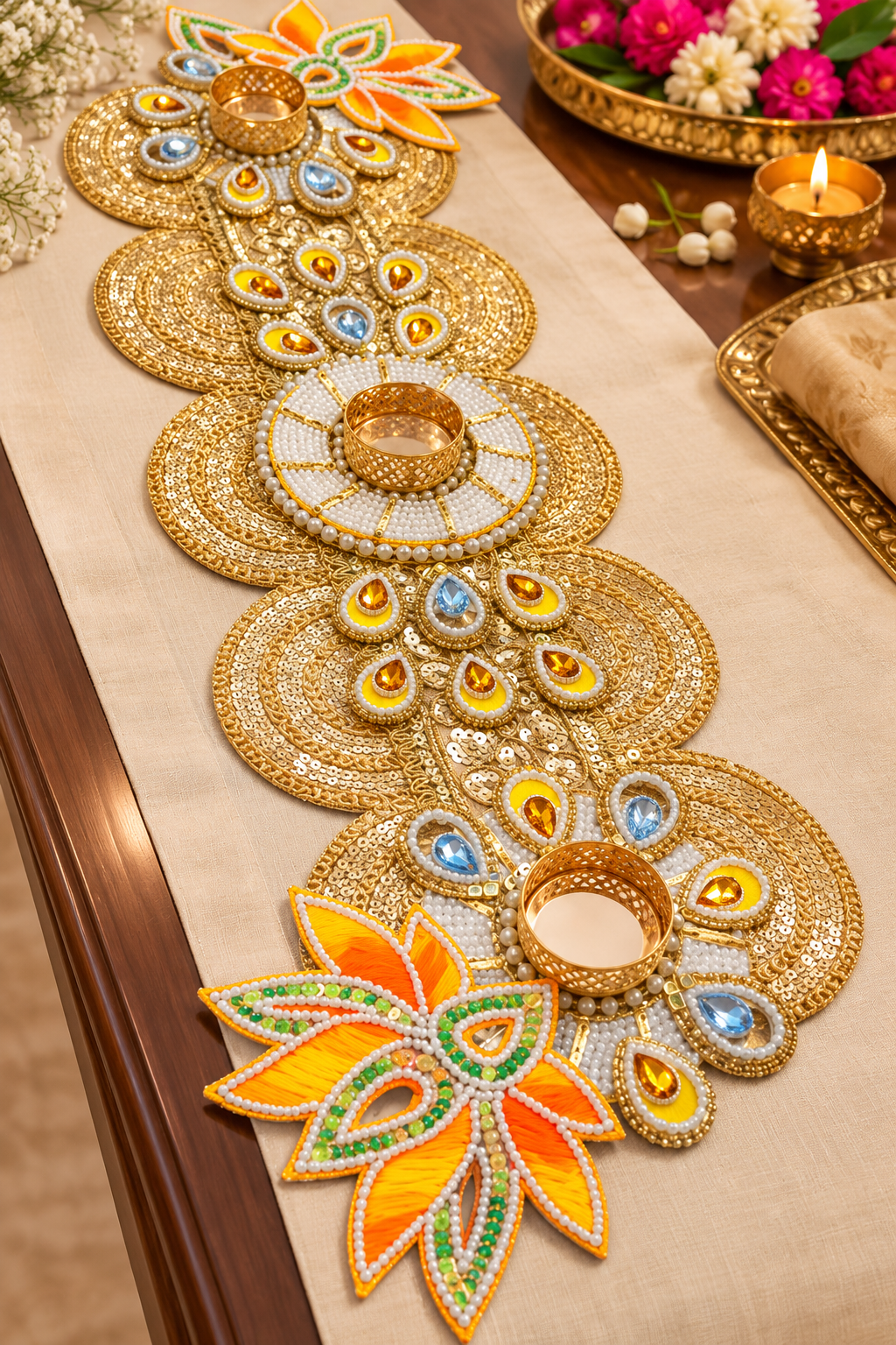 Floral and leaf designer table runner with gold embroidery, colourful decorative motifs and traditional Indian festive table décor