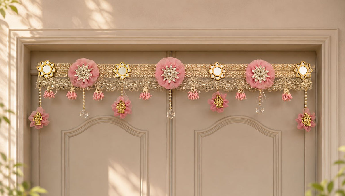 Floral organza Bandarwal Toran with pearl and mirror work for main door