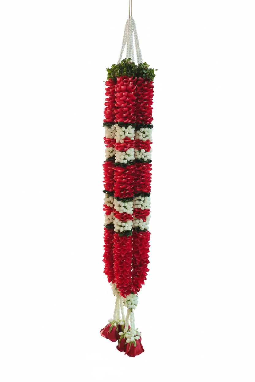 Close-up of rose and mogra flowers in a traditional wedding garland for shaadi varmala exchange