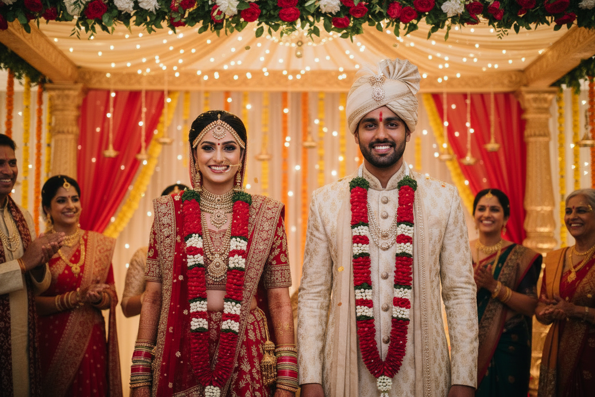 Fresh rose and mogra wedding varmala pair for bride and groom traditional Indian jaimala ceremony