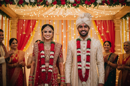 Fresh rose and mogra wedding varmala pair for bride and groom traditional Indian jaimala ceremony