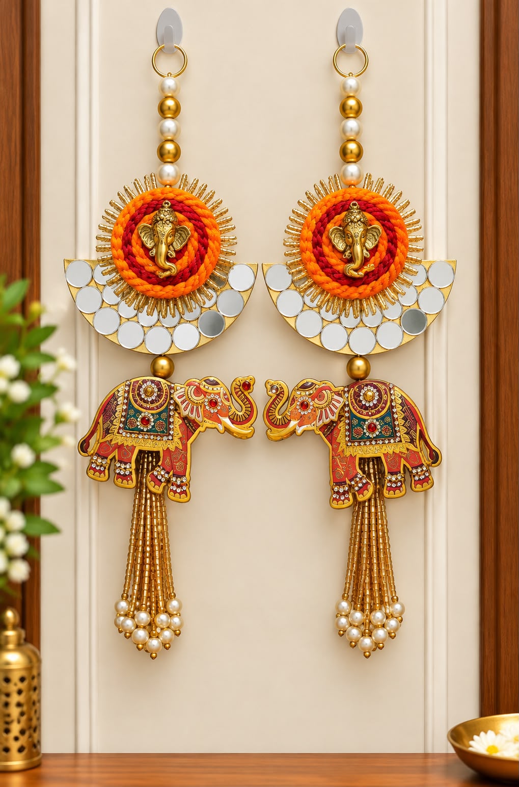 Ganpati mirror work elephant design handcrafted hanging pair 11 inch for festive décor