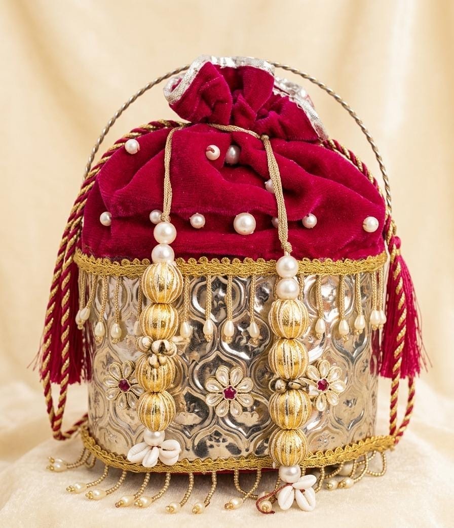 German silver potli purse with pink velvet for wedding and festive wear