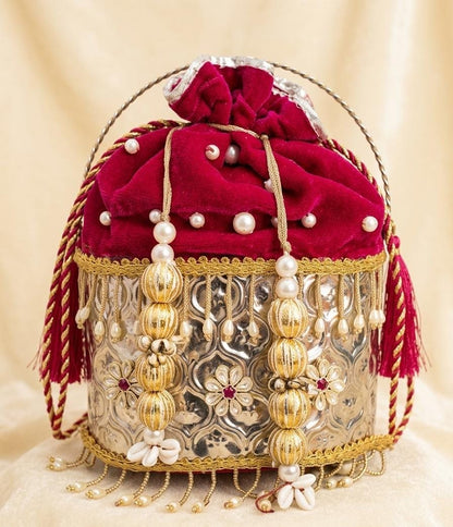 German silver potli purse with pink velvet for wedding and festive wear