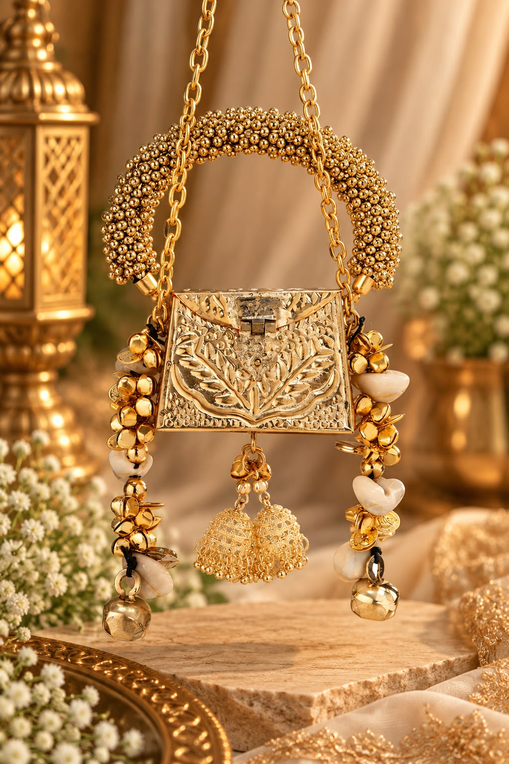 Golden Banjara mini clutch featuring a decorative designer beaded handle