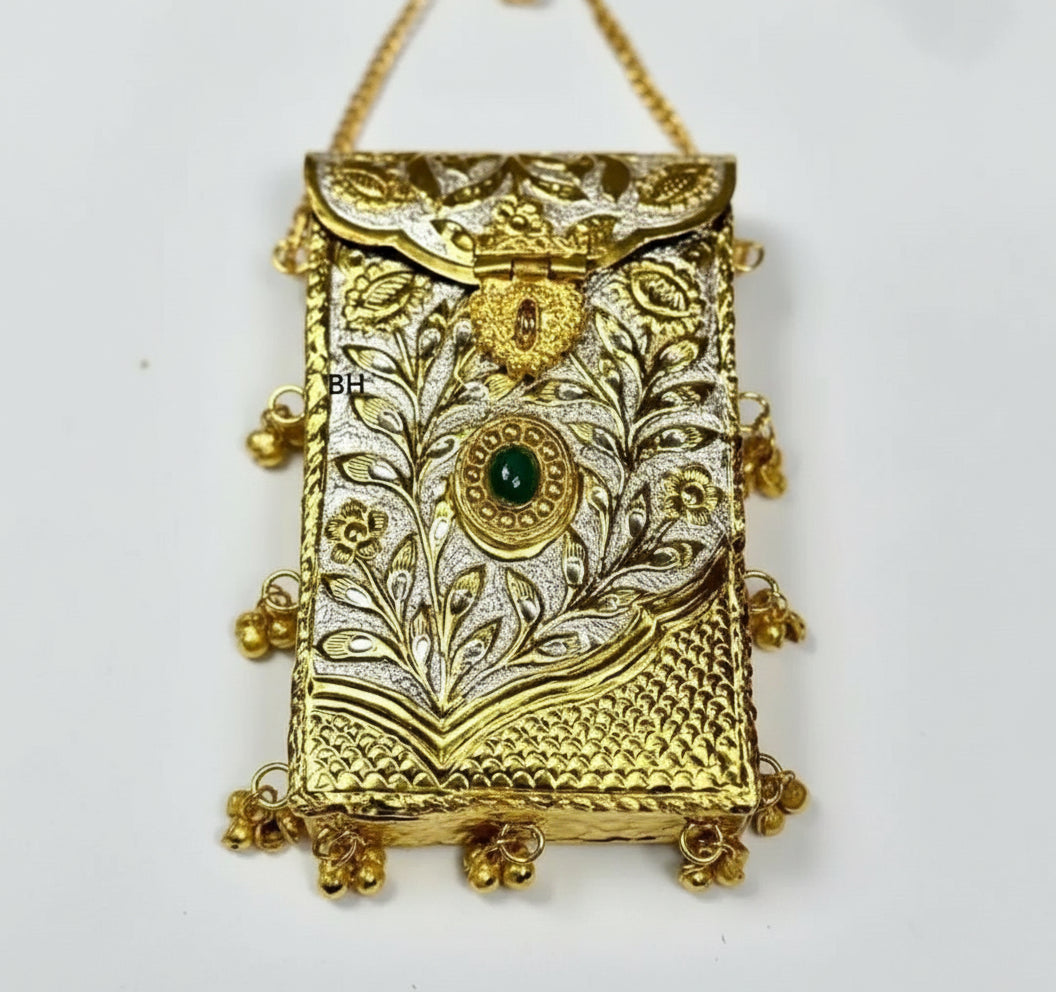 Golden silver brass clutch with elegant handcrafted traditional design