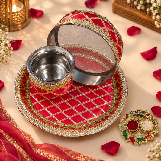 Gota lace work designer Karwa Chauth pooja thali with free roli chawal platter