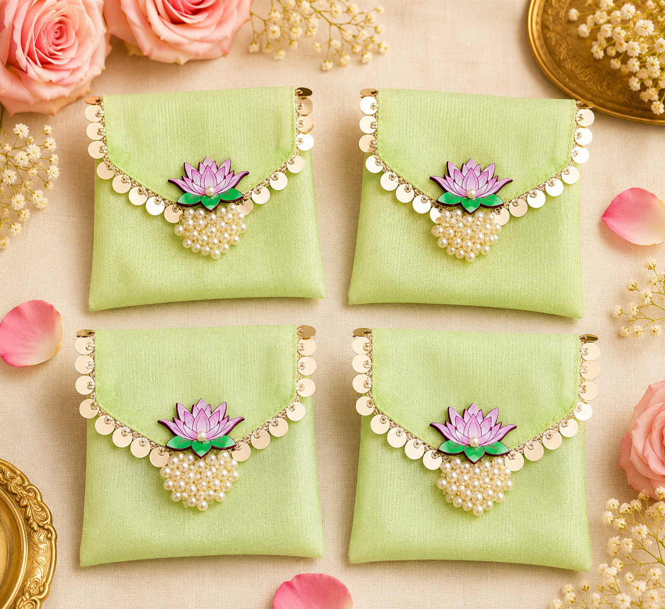 Green organza Shagun gift pouches with traditional embellishment