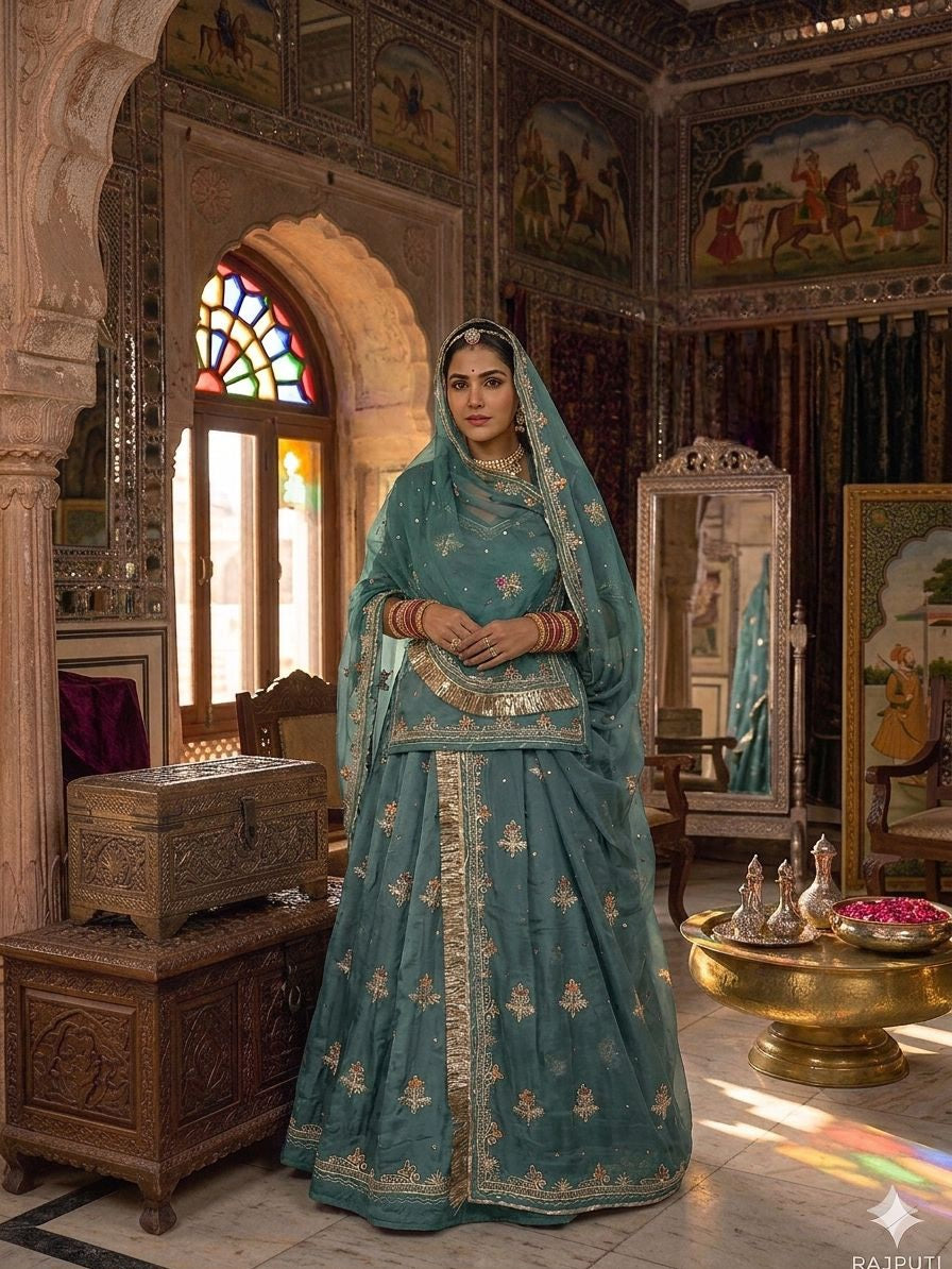 Green Rajputi poshak featuring Kasab Zari handwork