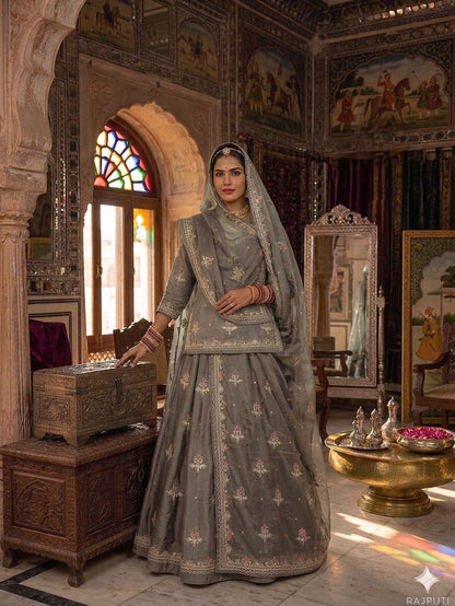Grey designer Rajputi poshak with Pure Odhani