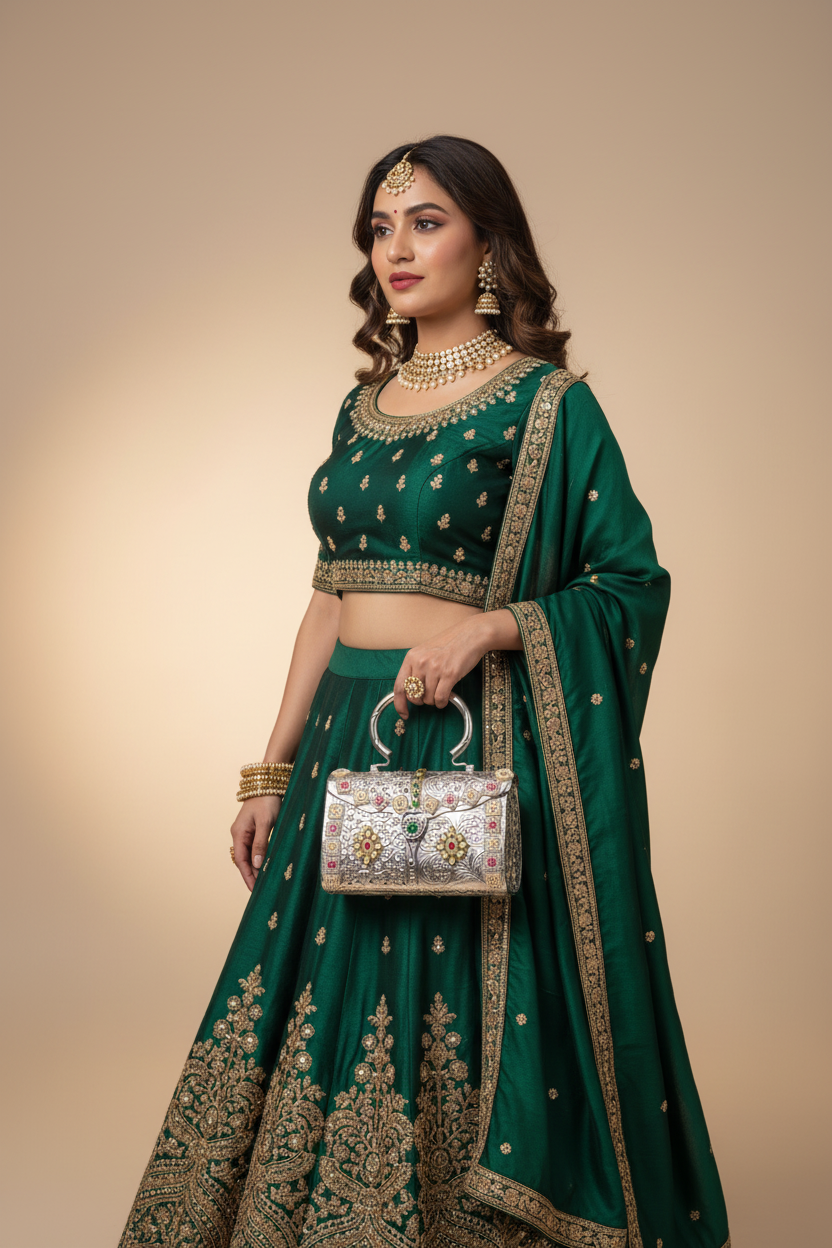 Handcrafted brass clutch with stone embellishments for ethnic occasions