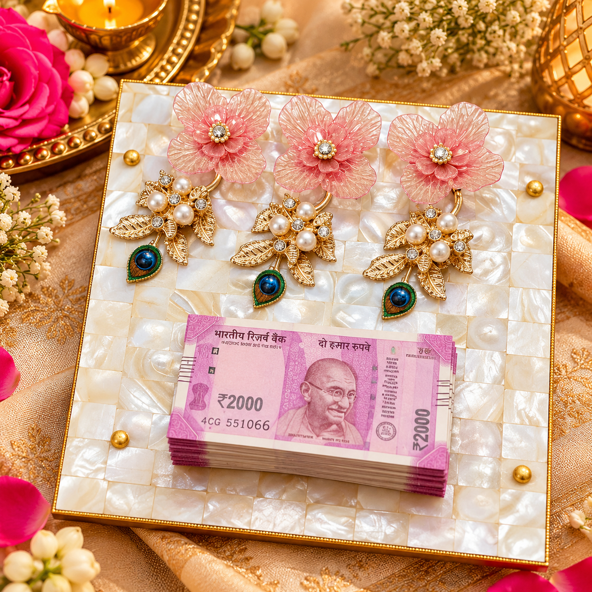 Handcrafted 6 inch coin and money platter with decorative finish for wedding shagun and pooja offerings.