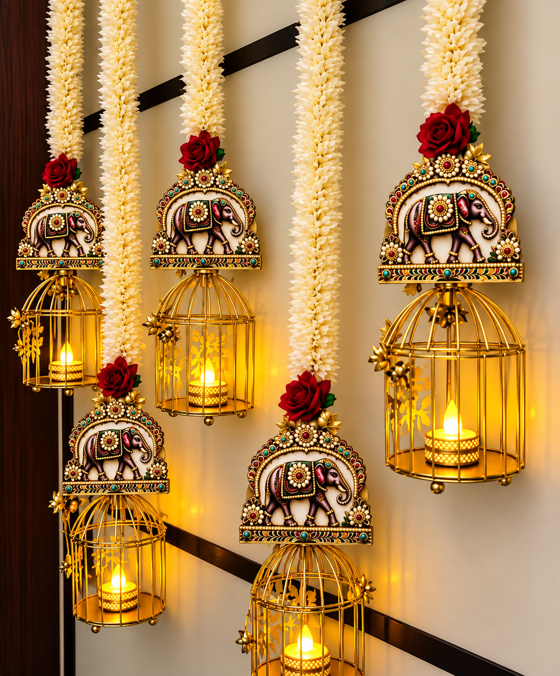 Handcrafted elephant metal cage hanging lantern pair for festive home décor