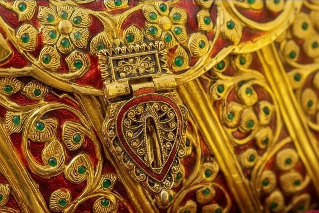 Handcrafted gold brass ethnic clutch with traditional Meenakari detailing