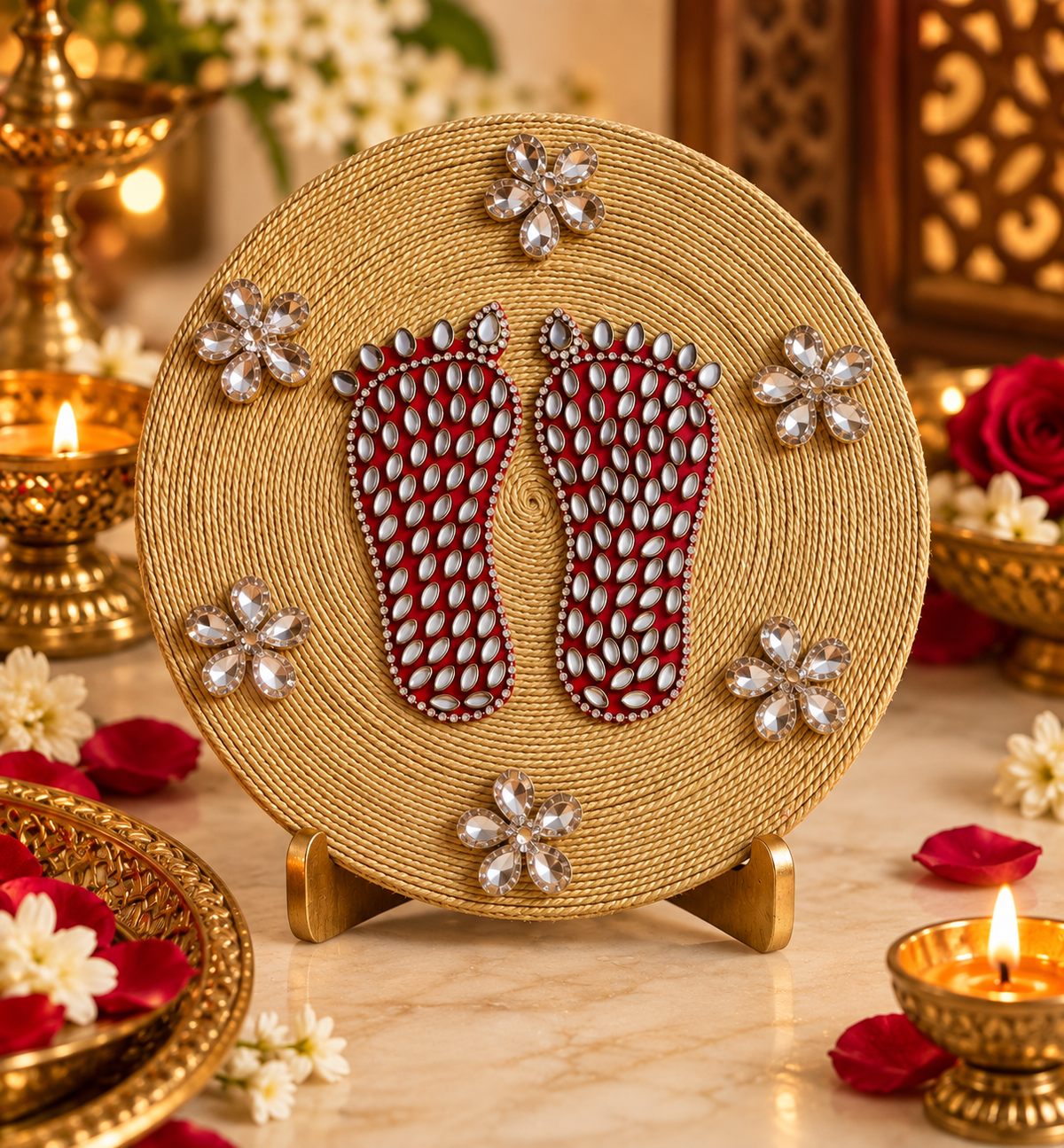 handcrafted Lakshmi Charan Paduka 20 cm with Kundan and stone detailing for Diwali