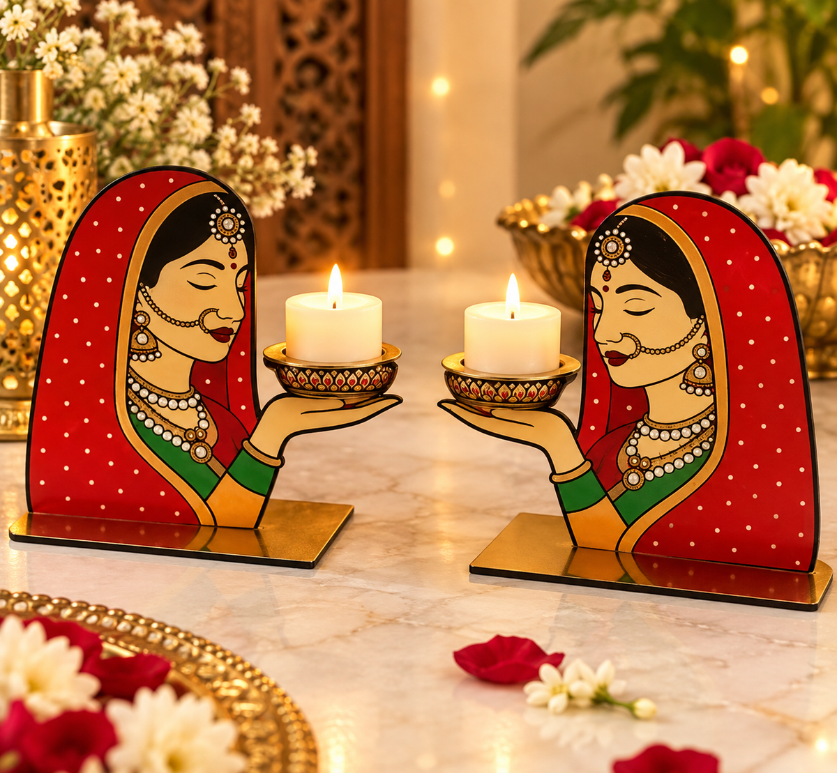 Handcrafted MDF lady candle stand pair for Diwali decoration