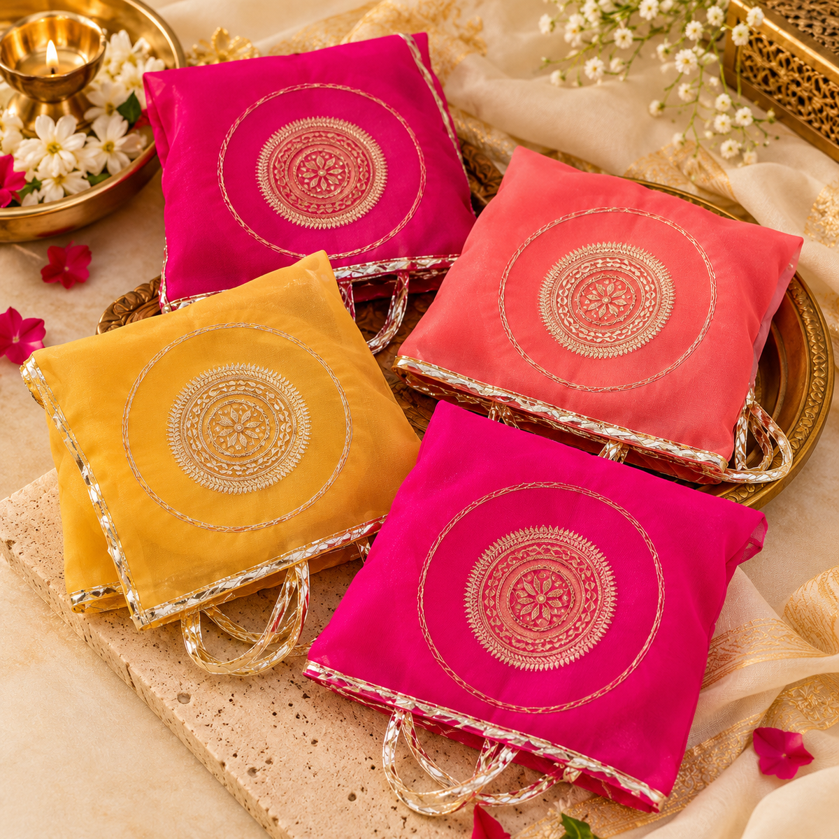 Handcrafted pooja thali cover with matching storage bag from TyoharMart