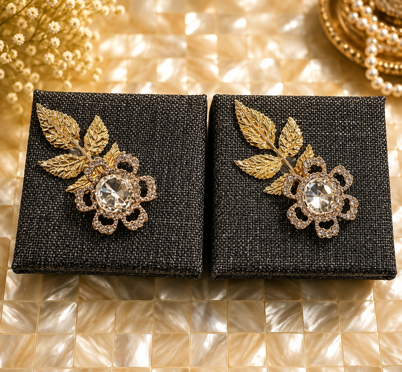 Handcrafted ring and coin gift boxes with gold leaf and crystal floral detailing