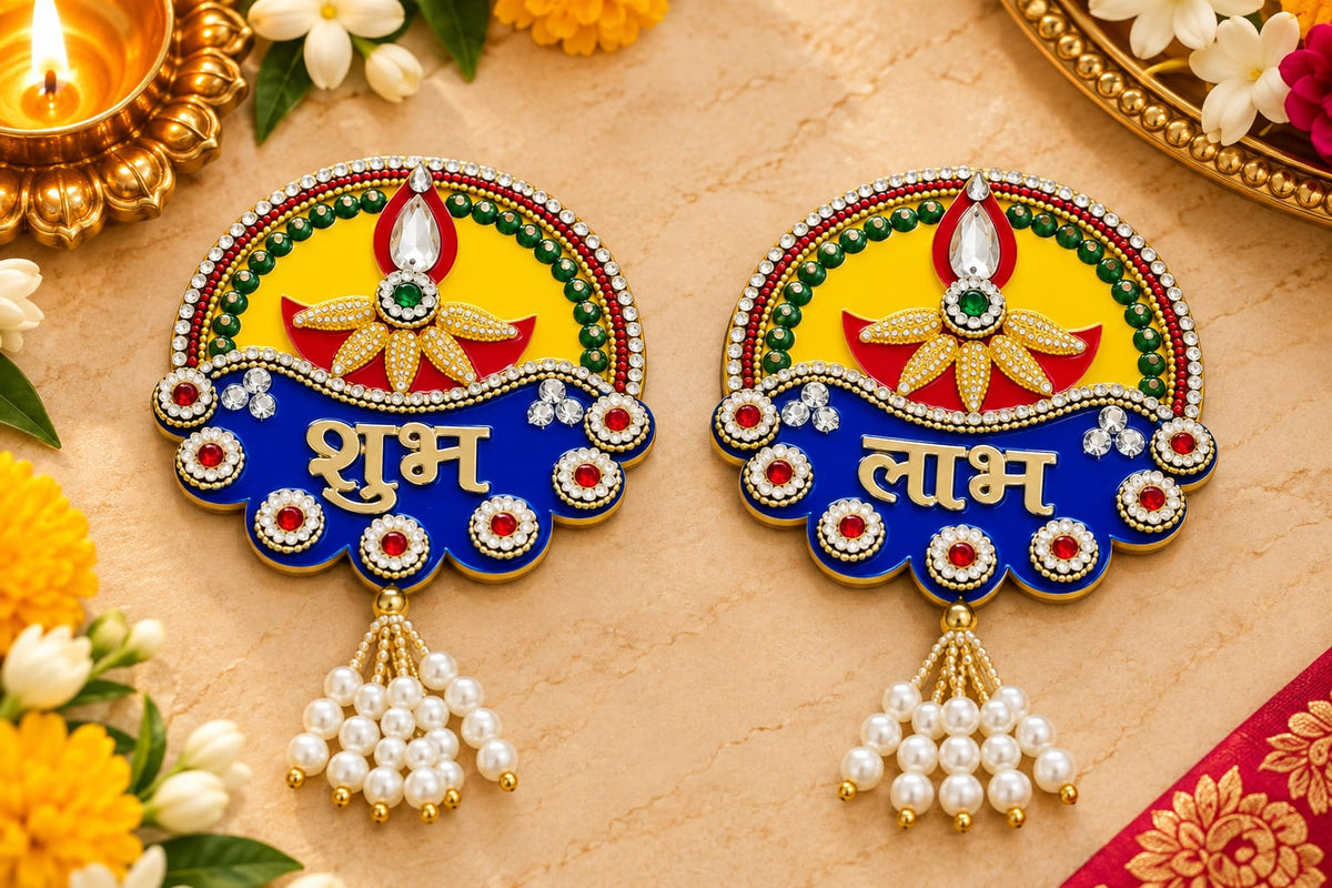 Handcrafted Shubh Labh Diya acrylic decoration with multicolor traditional detailing