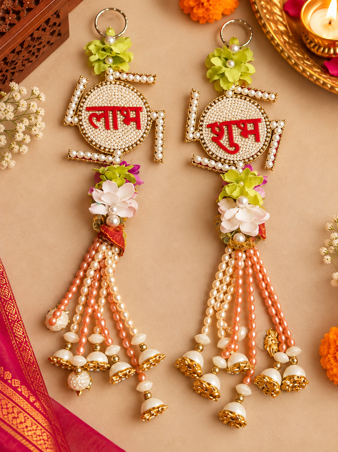 Handcrafted Shubh Labh door hanging with pearl tassels 14 inch for festive décor