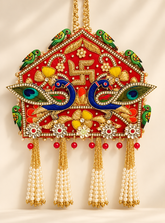 Handcrafted Indian wedding toran with red and gold detailing, twin peacock motifs, auspicious Swastik design, and pearl tassels for traditional entrance decoration