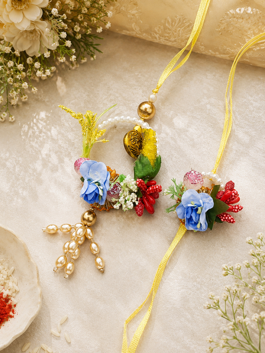 Handmade Floral Bhaiya Bhabhi Rakhi Set with Designer Lumba Rakhi for Raksha Bandhan