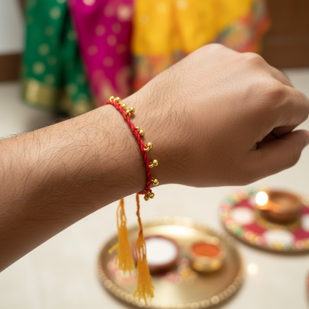 Handmade Kalawa Rakhi with traditional ghungroo bells