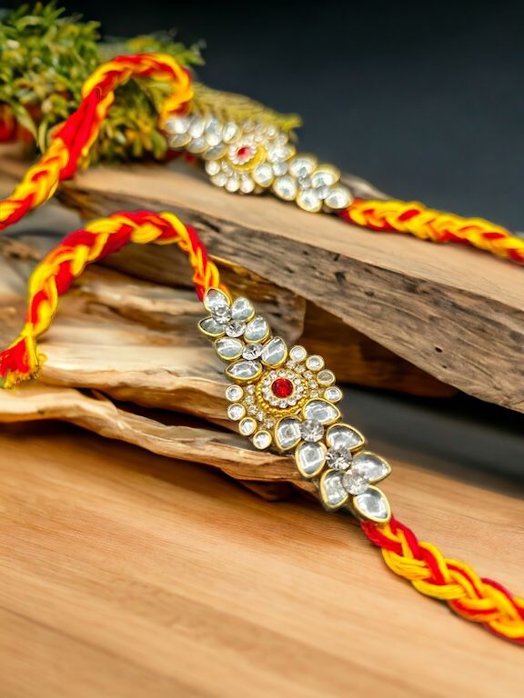 Handmade Kundan Diamond Stone Moli Kalawa Rakhi for Raksha Bandhan